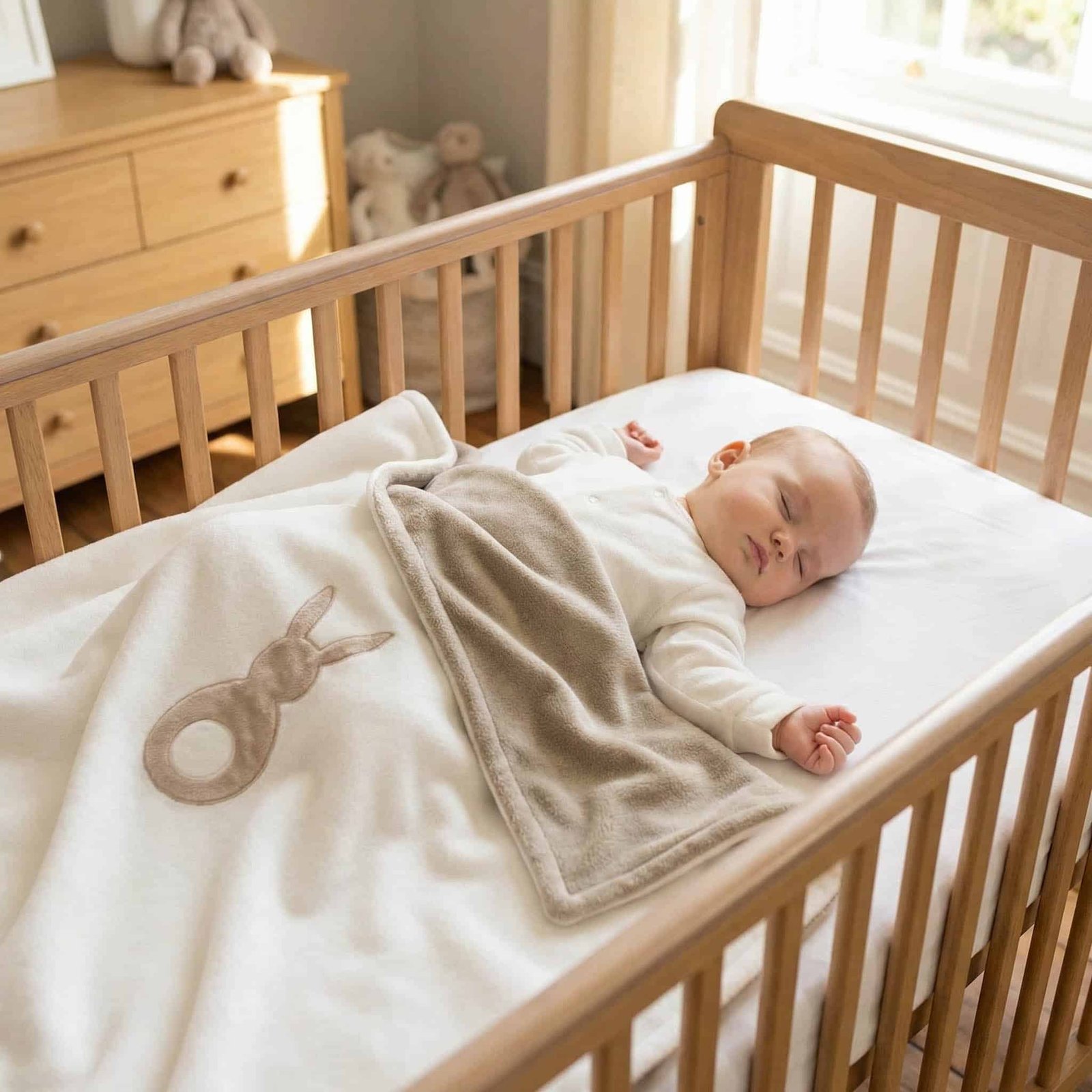 Bunny baby blanket on sleeping baby in cot-SP